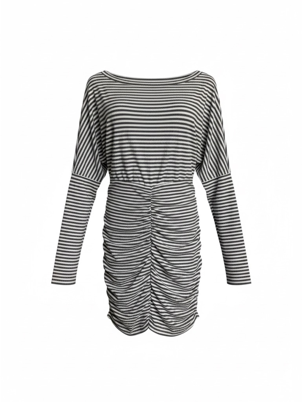 Striped Ruched Long-Sleeve Dress - grey & White